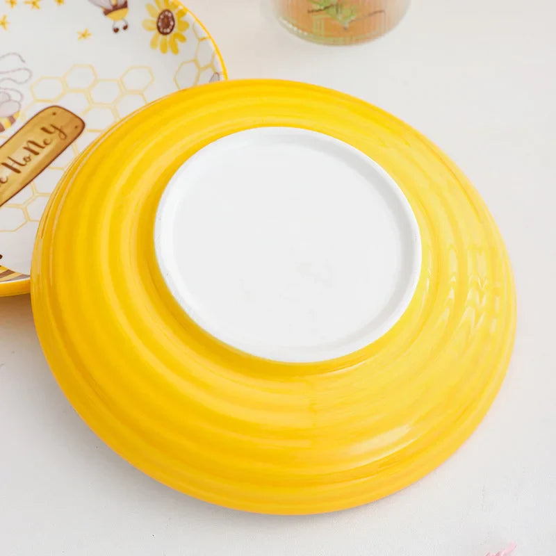 Afralia™ Hand-Painted Ceramic Little Bee Round Plate | Fruit Tray Dessert Dish Tableware