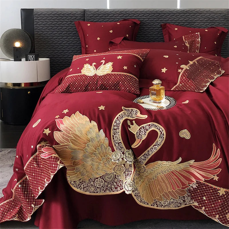Afralia™ Gold Swan Love Wedding Bedding Set, Egyptian Cotton, 1000TC, 4 or 6Pcs
