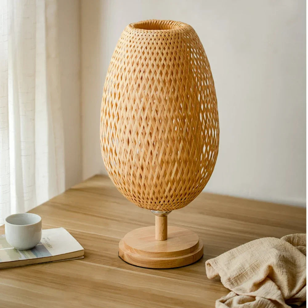 Afralia™ Handcrafted Bamboo Table Lamp with Wood Rattan Lampshade