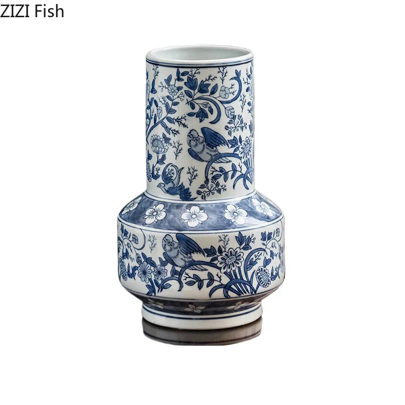 Blue & White Porcelain Vase with Flower & Bird Patterns by Afralia™: Elegant Table Decoration & Plant Pot