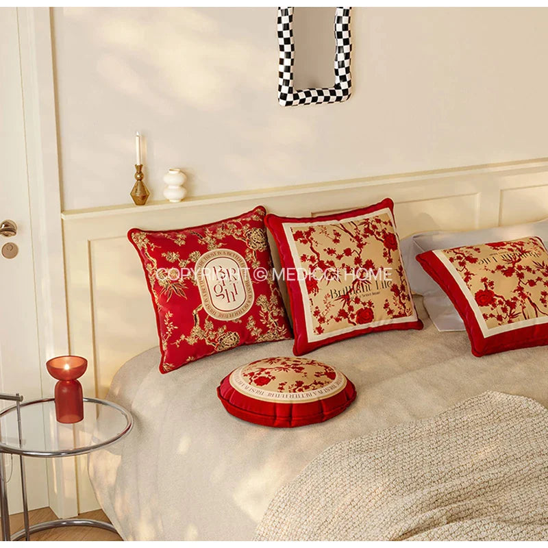 Afralia™ Luxe Velvet Retro Red Floral Print Lumbar Pillowcase 30x70cm