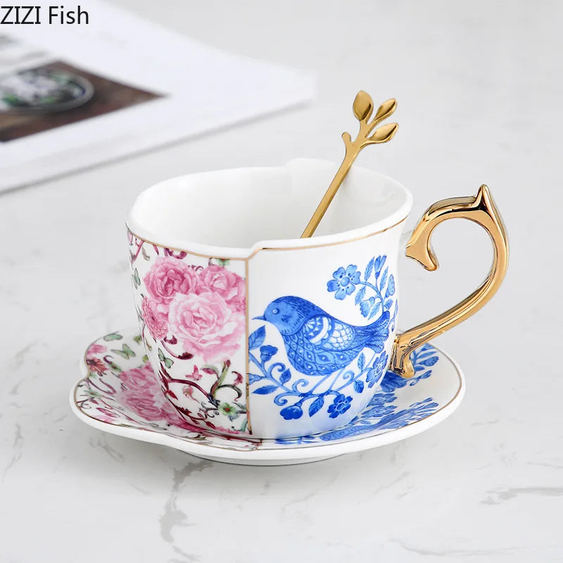 Afralia™ Flowers Bird Pattern Ceramic Tea & Coffee Mug Saucer Set Dining Table Cup