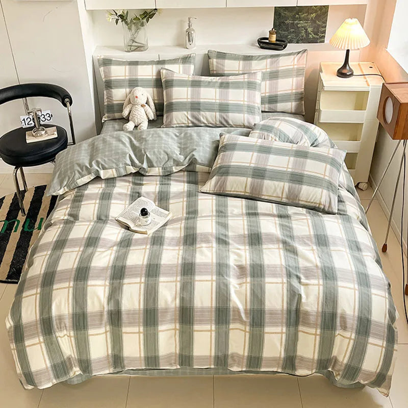 Afralia™ Grid Print Cotton Bedding Set for Single Double Beds