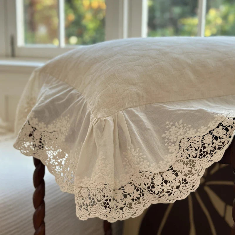 Afralia™ Jacquard Linen Cotton Ruffles Bedding Set with French Lace in Natural Skin Tone