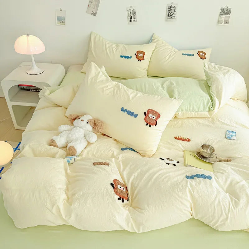 Afralia™ Cartoon Embroidery Jacquard Comforter Sets | Washed Cotton | Soft Skin-Friendly Bed Linen