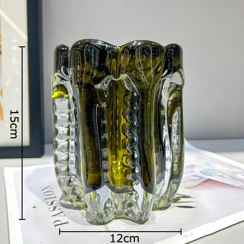 Afralia™ Forest Green Glass Vase Wrinkled Flower Pots Desk Decoration Aesthetic Floral Vases