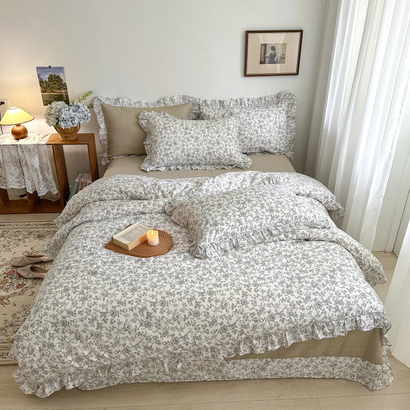 Afralia™ Floral Lace Ruffle Bedding Set, Fresh Flower Single Duvet Cover, 100% Cotton