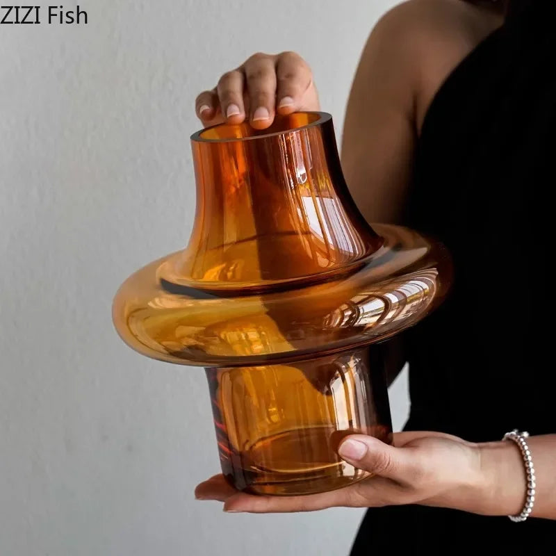 Afralia™ Amber Glass Vase Hydroponics Flower Pots Room Decor Arrangement Floral Vases