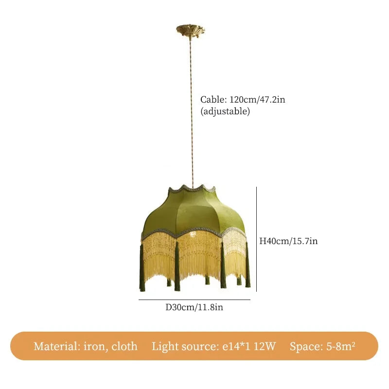 Afralia™ Vintage Green Tassel Pendant Light with Cloth Lamp Shade