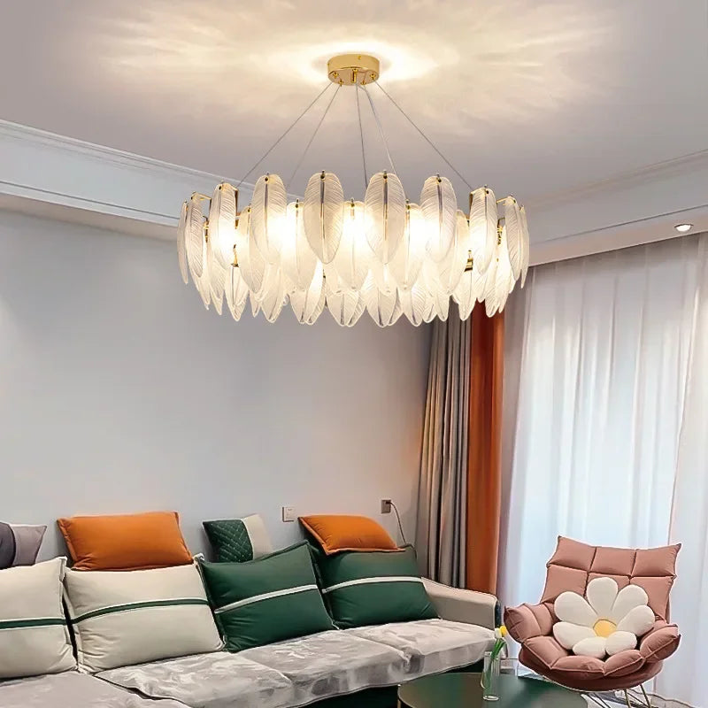 Afralia™ Feather Crystal Pendant Chandelier for Dining Room, Modern Glass Ceiling Light