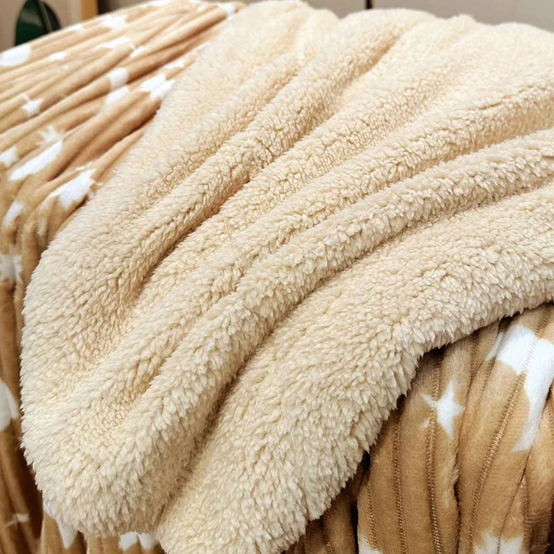 Afralia™ Star Moon Striped Fleece Blanket: Double Layer Flannel for Office Nap & Air Conditioning