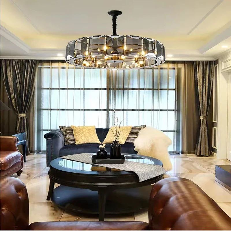 Afralia™ Smoke Grey LED Pendant Light for Living Room - Amber Crystal Lustre Chandelier
