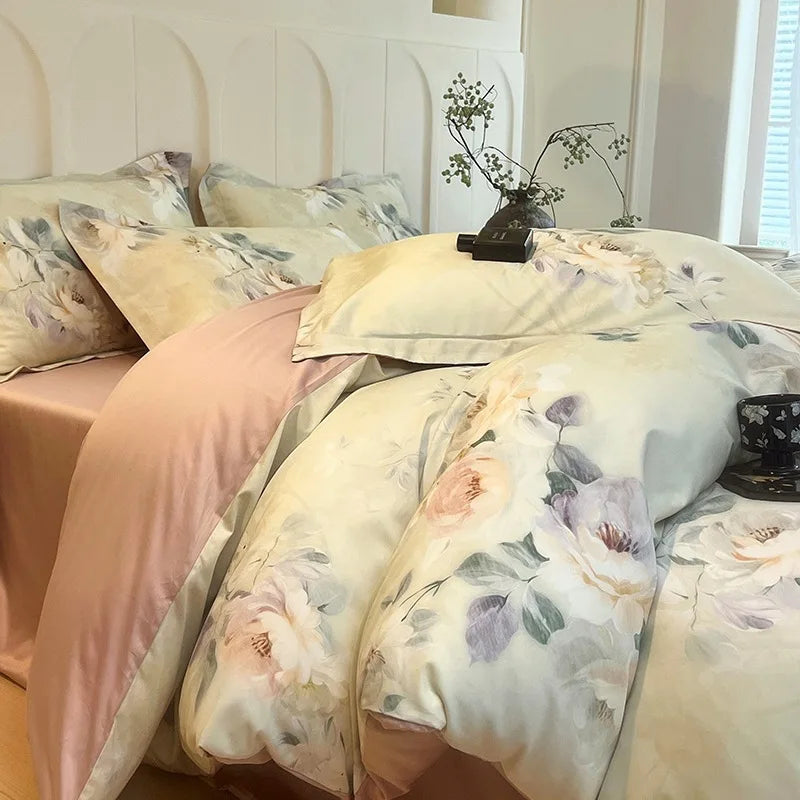 Afralia™ Satin Flower Fitted Sheet Set - Luxury 100% Cotton Print Bedding Set