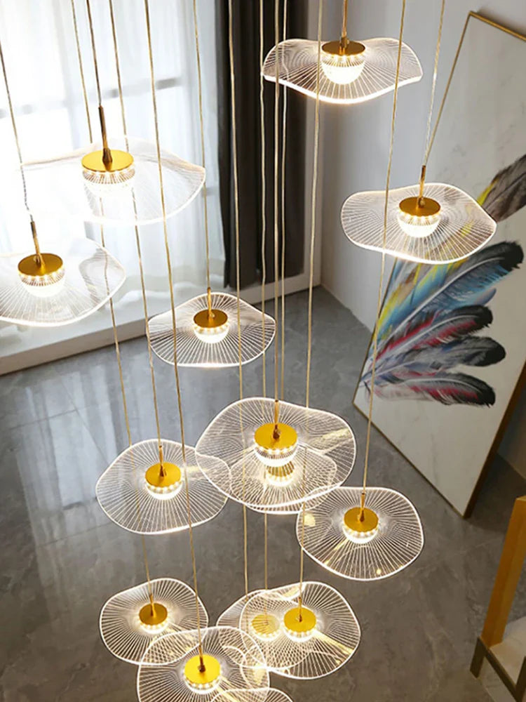 Afralia™ Gold Acrylic Chandeliers LED Pendant Lamp Modern Staircase Living Room Lighting