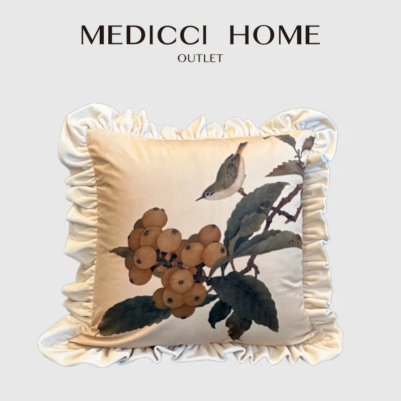 Afralia™ Loquat Plant Bird Velvet Cushion Cover 43x43cm - Orientalism Style Home Decor