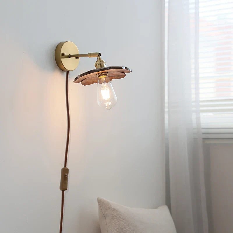 Afralia™ Walnut Wood LED Wall Sconce, Pull Chain Switch, Copper Socket, Bedroom Aisle Hallway