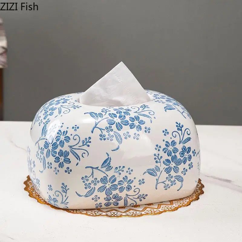 Blue and White Porcelain Tissue Box by Afralia™: Ceramic Desk Decor & Paper Towel Case