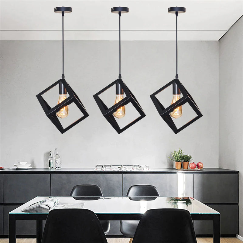 Afralia™ Black Geometric Square Pendant Light for Kitchen Island, Bedroom, Hallway