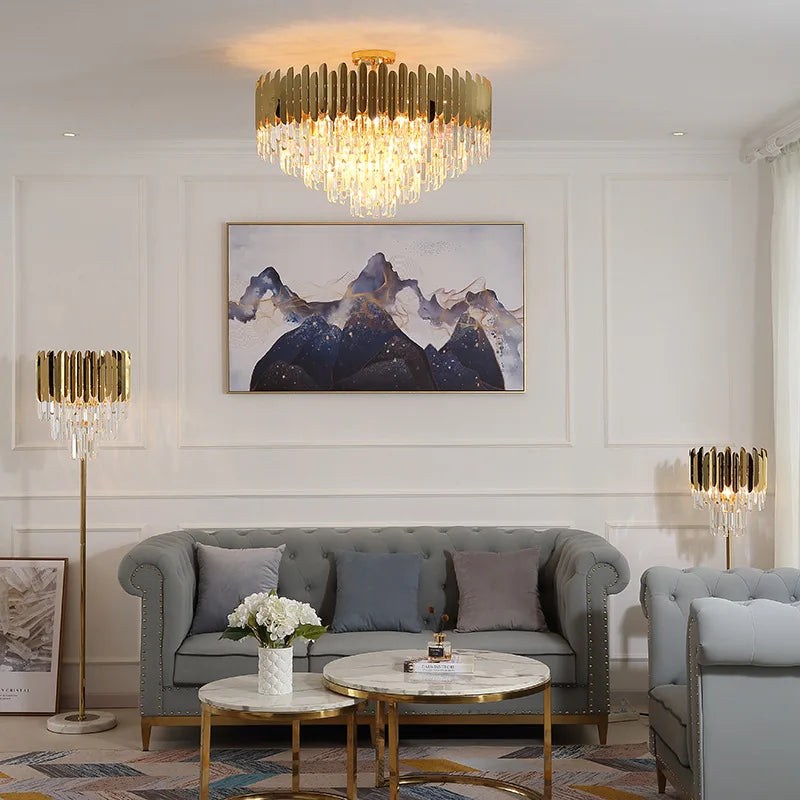 Afralia™ Luxury Golden LED Crystal Ceiling Light for Living Room, Modern Round Design