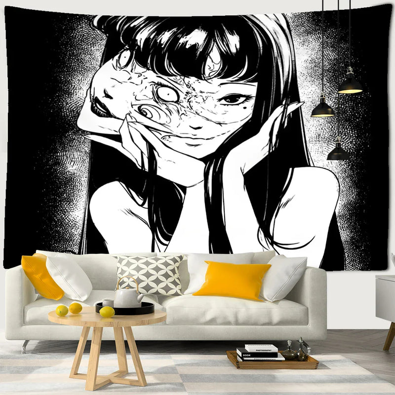 Afralia™ Mysterious Horror Anime Tapestry | Kawaii Room Decor Art Illustration