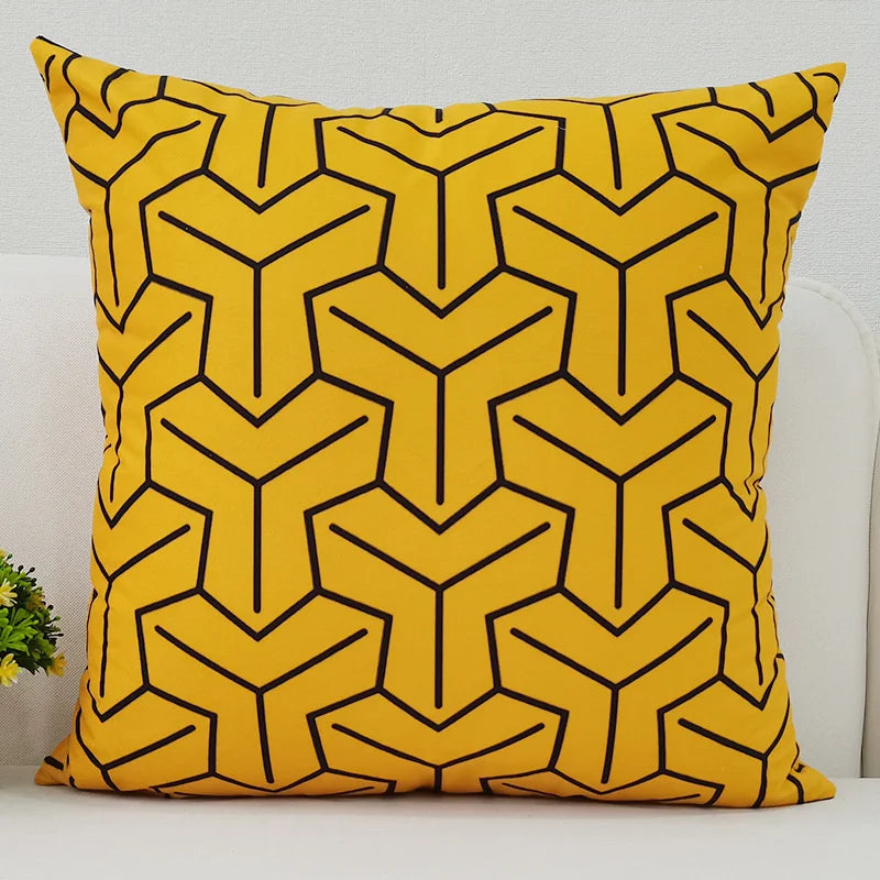 Afralia™ Yellow Geometric Patchwork Polyester Cushion Cover with Black Alphabet Letter