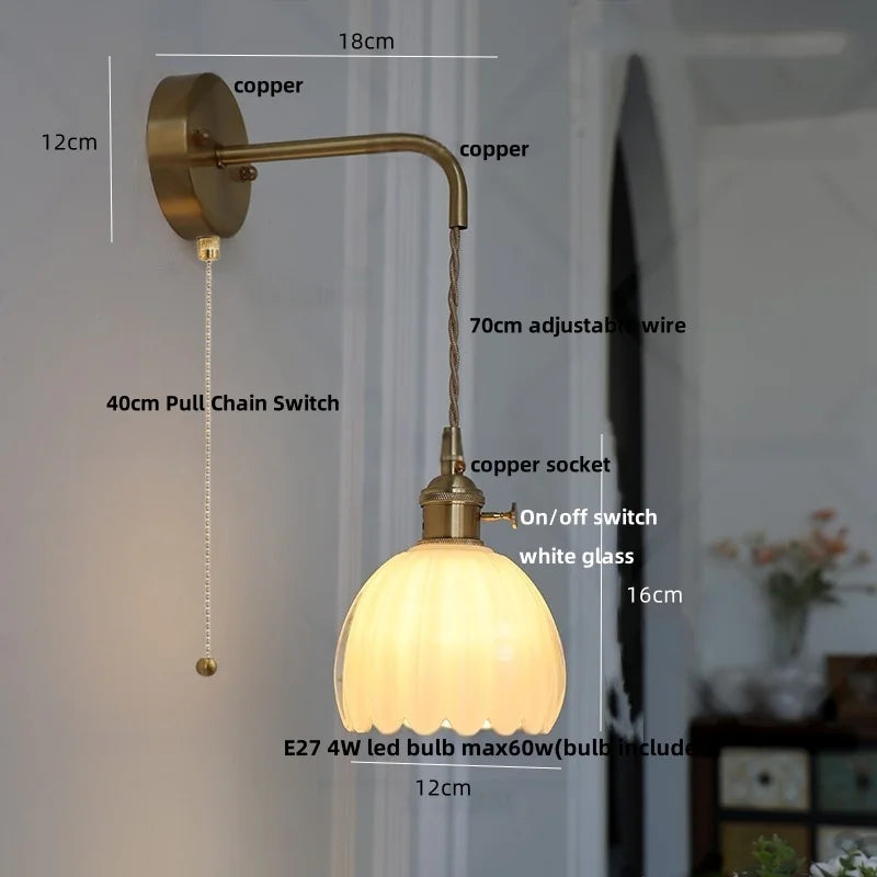 Afralia™ Smoke Gray Glass LED Wall Light Fixture Minimalist Pull Chain Switch Bedside Lamp