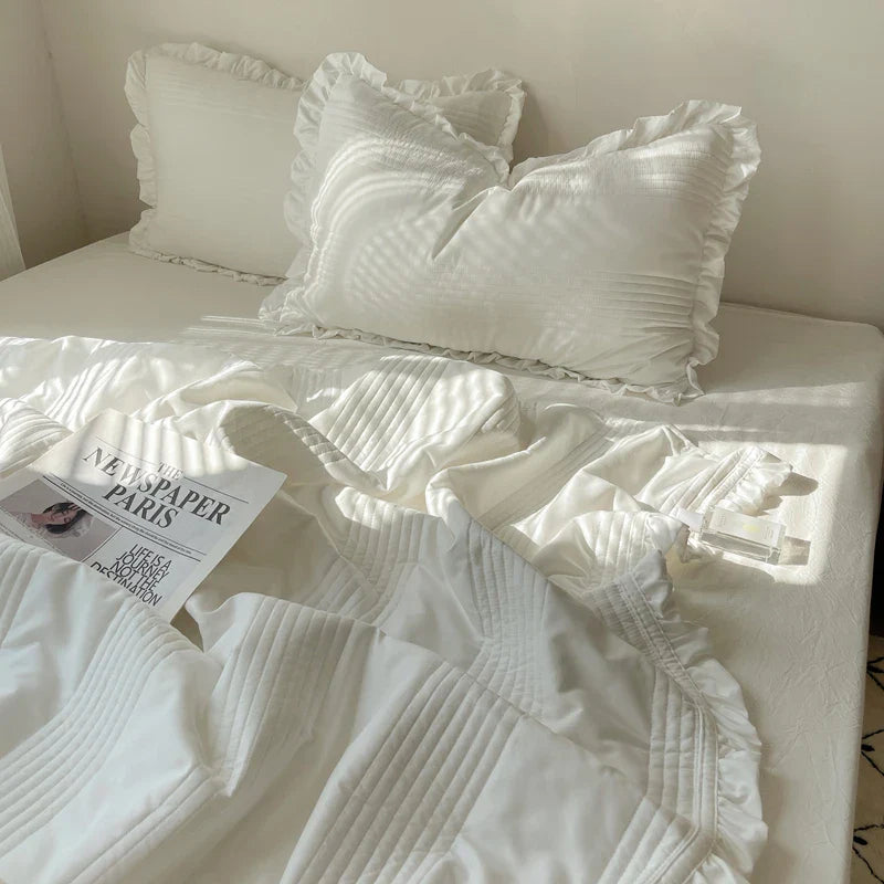 Afralia™ Korean Princess Lace Ruffles Summer Quilt Bedspread - 3Pc Bedding Set