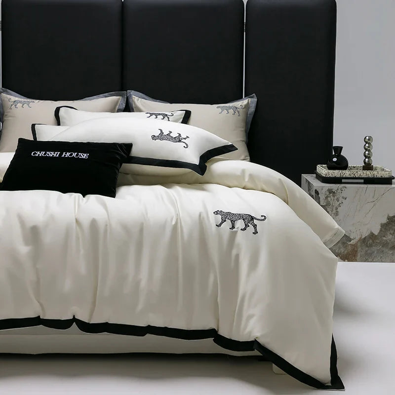 Afralia™ Luxury Leopard Embroidery Egyptian Cotton Bedding Set