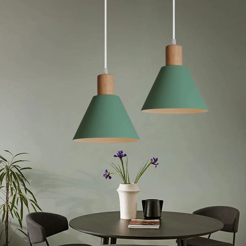 Afralia™ Nordic Green Wood Metal Pendant Lamp for Bedroom Living Dining Room Lighting