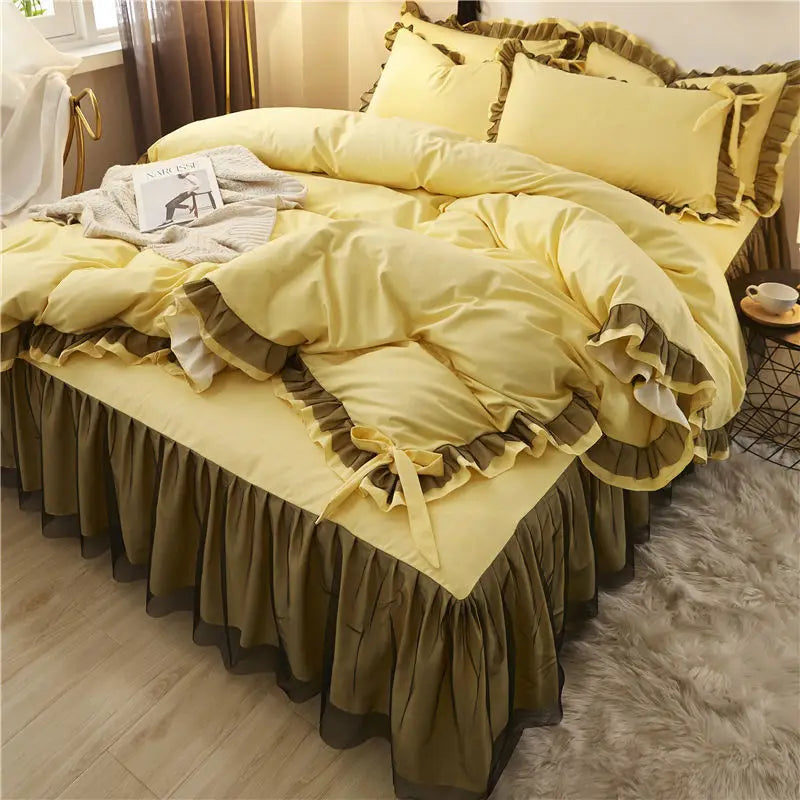 Afralia™ Korean Bed Skirt Set with Ruffled Edges - Solid, Skin-Friendly Bedding Kit