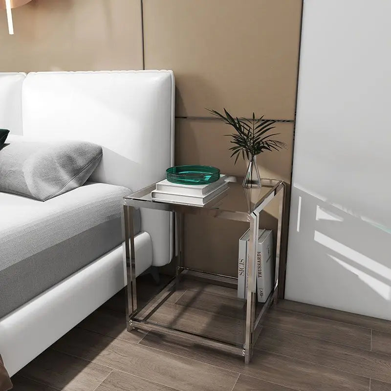 Afralia™ Stainless Steel Glass Coffee Table Sofa Side Light Luxury Modern Bedside Cabinet Small Coffee Table
