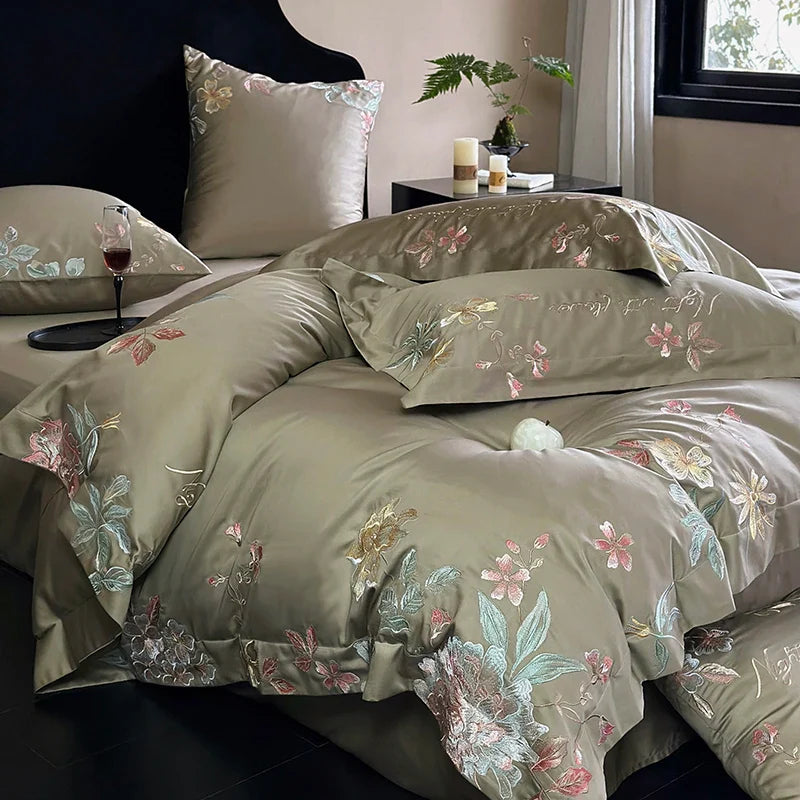 Afralia™ Cotton Flowers Embroidery Bedding Set: Full Queen King Sizes