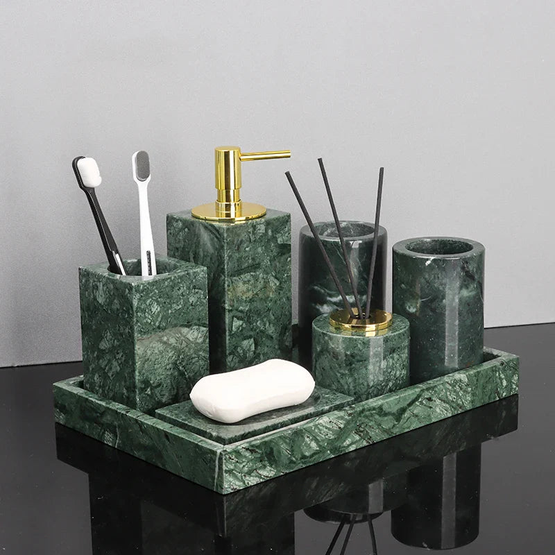 Afralia™ Green Marble Bathroom Set: Dispenser, Dish, Holder, Tissue Box & Accessories