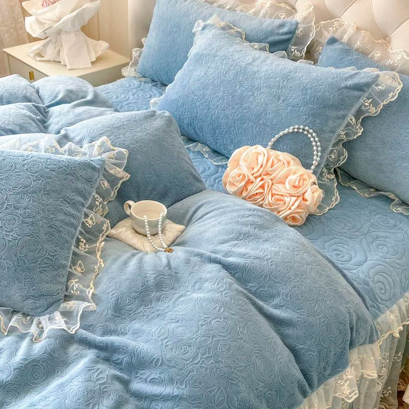 Afralia™ Lace Princess Bedding Set with Velvet Bed Skirt & Quilt Cover