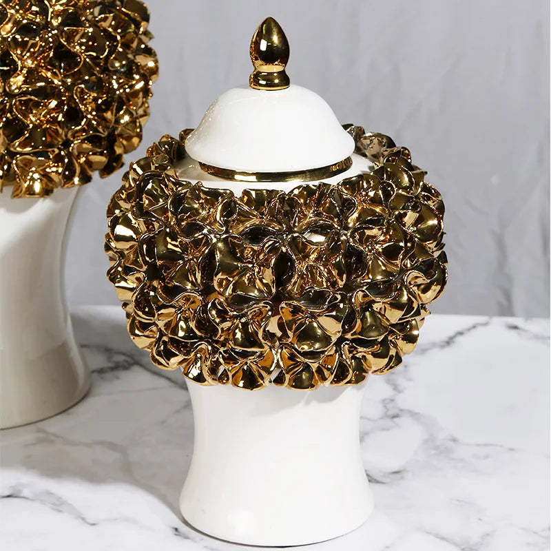 Afralia™ Golden Flower Ginger Jar Relief Flower Vase Home Decor