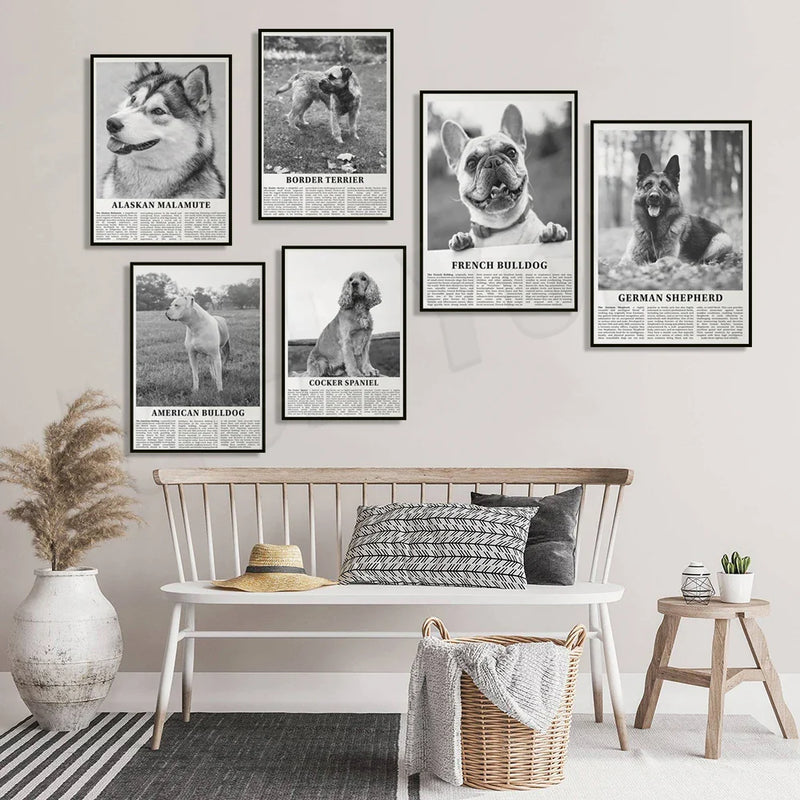 Afralia™ Black & White Dog Breeds Poster: Greyhound, Cocker Spaniel, Akita, Malamute, Cattle Dog