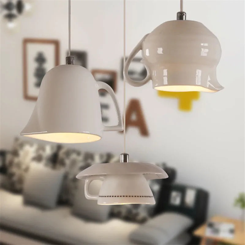 Afralia™ Ceramic LED Pendant Lights Tea Cup Teapot Hanging Lamp for Kitchen Dining Room
