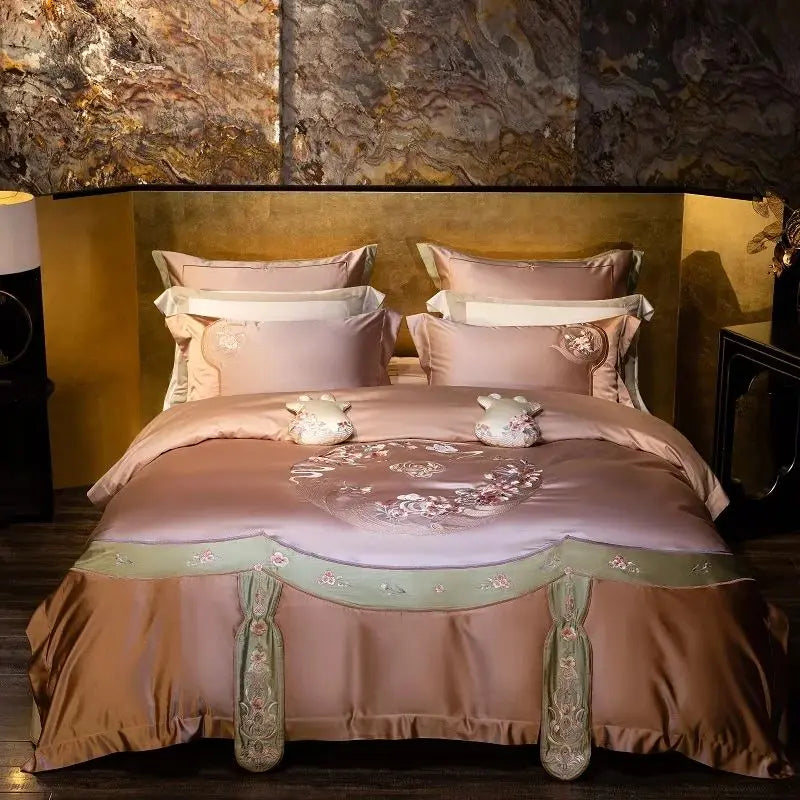 Afralia™ Elegant Flowers Embroidery Brocade Cotton Bedding Set - Duvet Cover, Sheet, Pillowcases