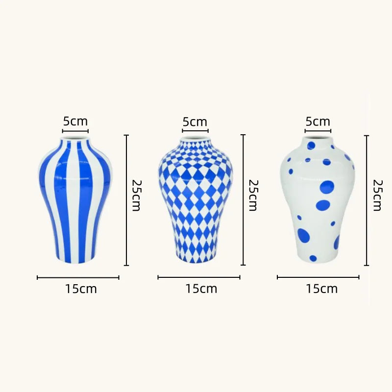 Afralia™ Blue Geometric Quilted Ceramic Vase - Polka Dots Pattern - Home Decor Craft