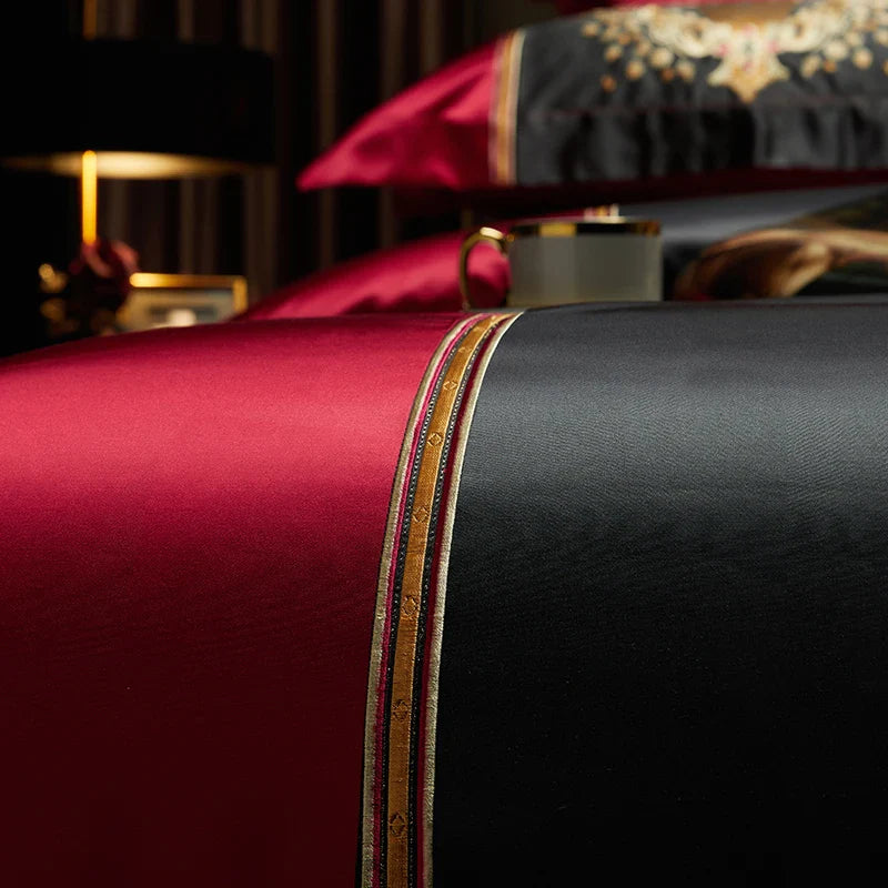 Afralia™ Luxury Gold Embroidery Bedding Set, Satin Brocade & Egyptian Cotton Duvet, Sheet, Pillowcases