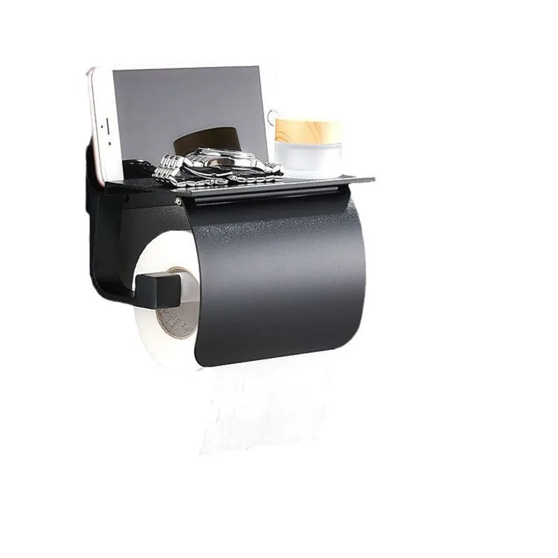 Afralia™ Black Toilet Paper Holder with Silver Phone Storage Shelf