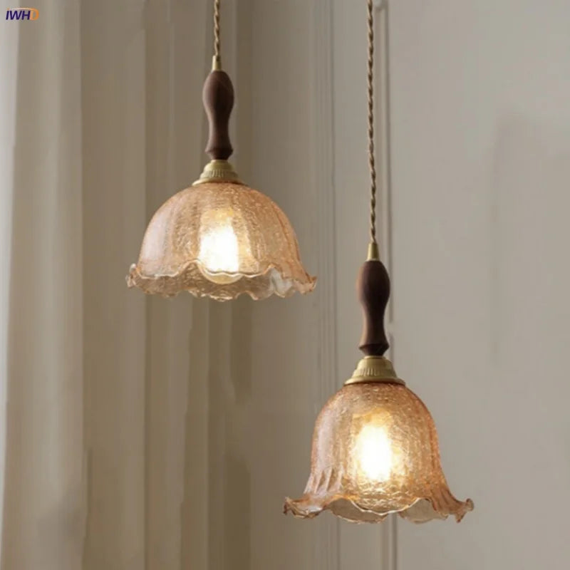 Afralia™ Amber Glass LED Pendant Lamp Walnut Wood Copper Hanging Light