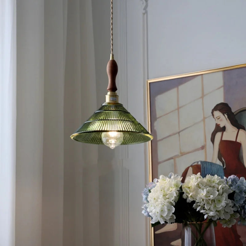 Afralia™ Walnut Wood LED Pendant Light Fixture with Adjustable Green Glass Shade