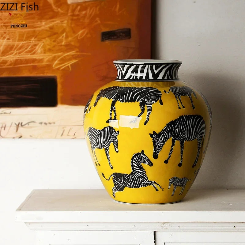 Afralia Zebra Yellow Vase with Artificial Flowers for Desk Decoration