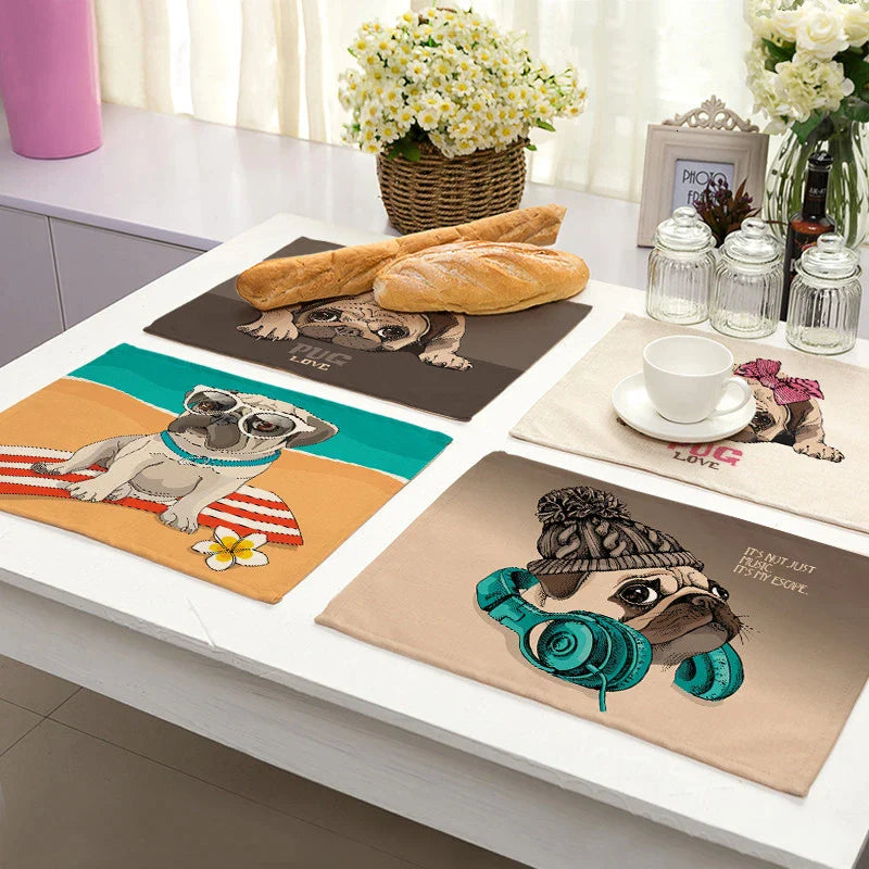 Afralia™ Cute Dog Linen Dining Mats Coasters 42*32cm Home Decor