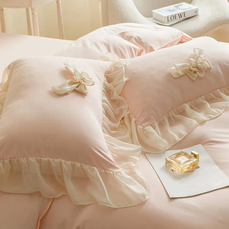 Afralia™ Sweet Lace Ruffles Flowers Bow Wedding Bedding Set - 200X230cm