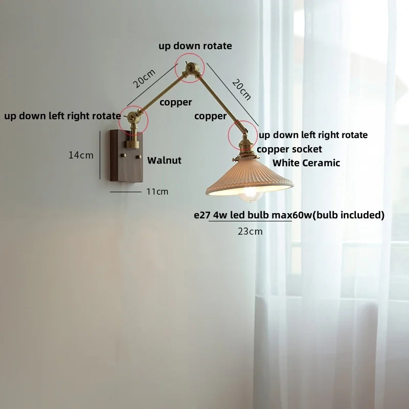 Afralia™ Ceramic Ball Brass Walnut Wood Wall Light with Pull Chain Switch