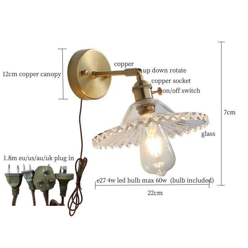 Afralia™ Clear Brass Glass LED Wall Lamp Pull Chain for Living Room Bedroom Loft