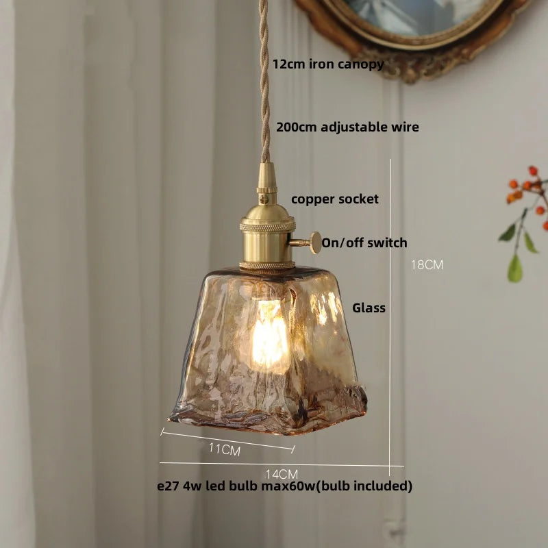 Afralia™ Brass Knob Switch LED Pendant Light, Nordic Amber Glass Hanging Lamp