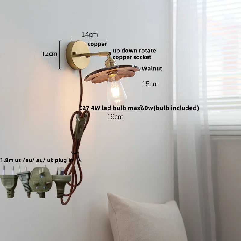 Afralia™ Walnut Wood LED Wall Sconce, Pull Chain Switch, Copper Socket, Bedroom Aisle Hallway